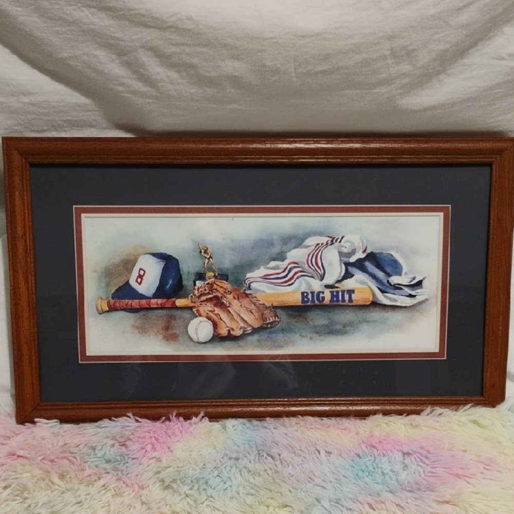 Vintage Framed Big Hit Baseball Art W Bat and Glove Made in USA #40